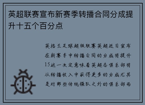 英超联赛宣布新赛季转播合同分成提升十五个百分点 英超联赛宣布新赛季转播合同分成提升十五个百分点